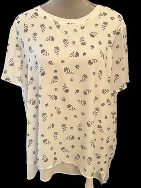 Hilary Radley White Top with Black Floral Motif